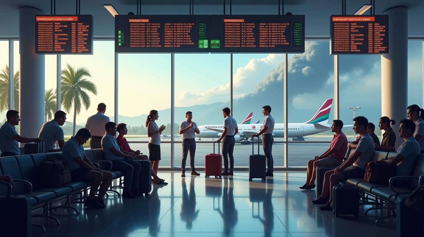 Penumpang menunggu di bandara Bali dengan wajah cemas, jadwal penerbangan terganggu akibat erupsi, staf bandara membantu, suasana penuh ketidakpastian.
