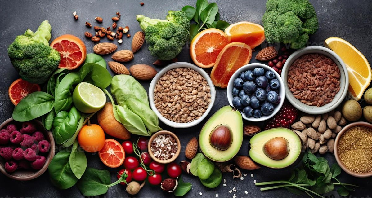 Flatlay buah dan sayur berwarna-warni sebagai sumber utama vitamin, mineral, dan nutrisi mikro untuk tubuh sehat
