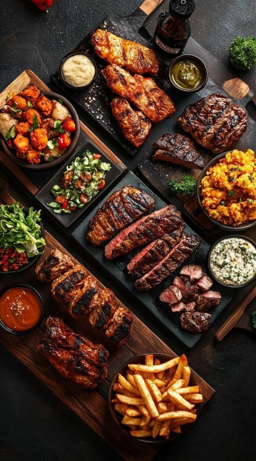 Aneka steak daging merah dengan garnish sayuran hijau dan kentang, disajikan sehat dan lezat